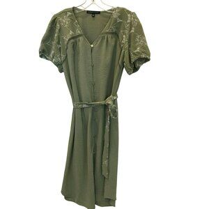 Adrianne Vittaldini Puffy Short Sleeve Tie Waist Button Front Small Dress Green
